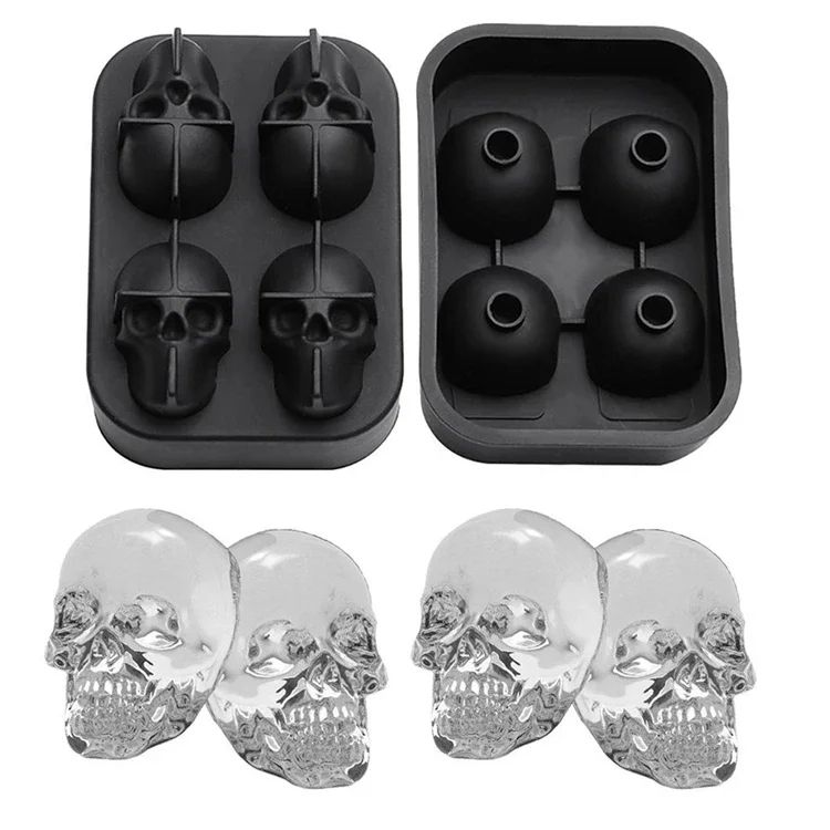 3D Skull Ice Cube Tray, Silicone Ice Maker Molds with Funnel, 4 Cavity Ice Cube Tray for Ice Cream & Party