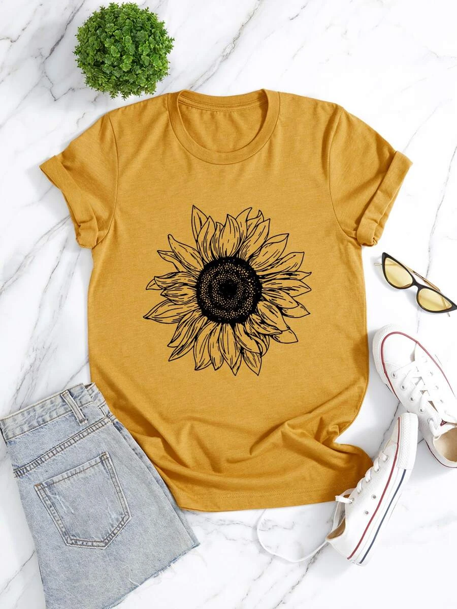 DX064# Women Sunflower Print Tee T-Shirt