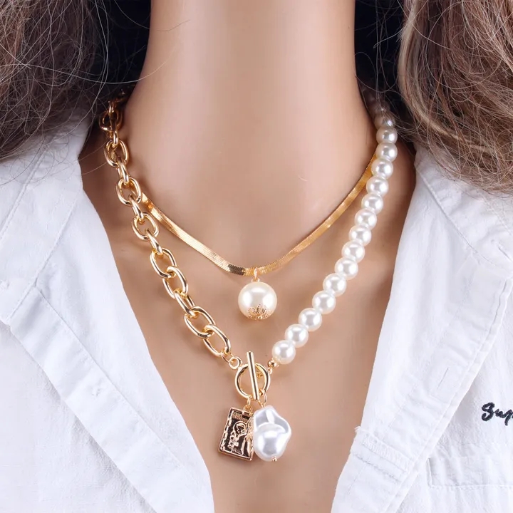 2 Layers Pearls Geometric Pendants Necklaces For Women Gold Metal Snake Chain Necklace Jewelry Gift