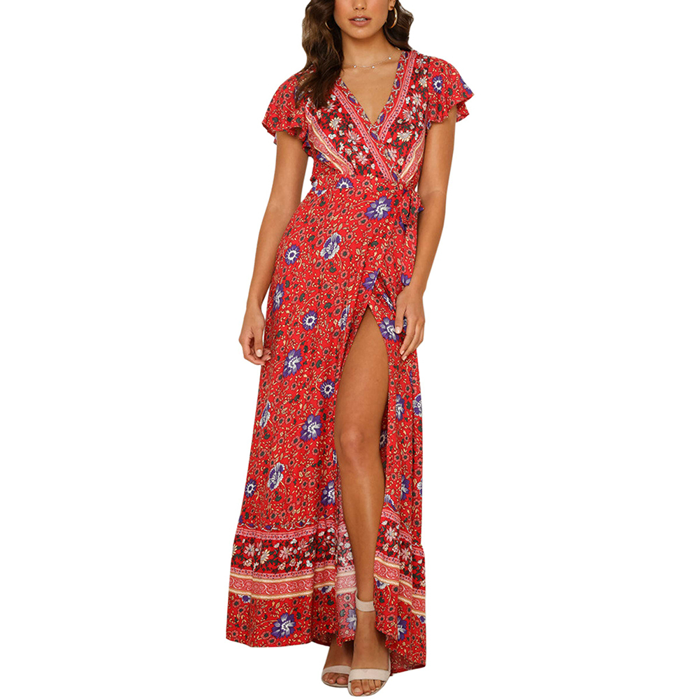 women's boho summer dress v-neck maxi dress  short sleeve beach dress 