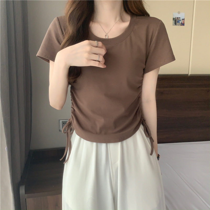 420 Women's Loose Crewneck Drawstring Slim Short Sleeve T-shirt