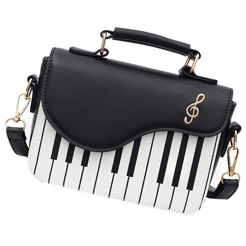 Music Topic Piano Keyboard Musical Instruments PU Leather Bag HandBag Shopping Bag With Strap Metal Zipper Hook Woman Bag