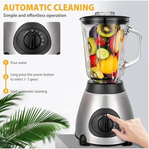 Multifunctional Blender Electric 1.5 L Glass  Mixer  5 Speed Levels - Silver
