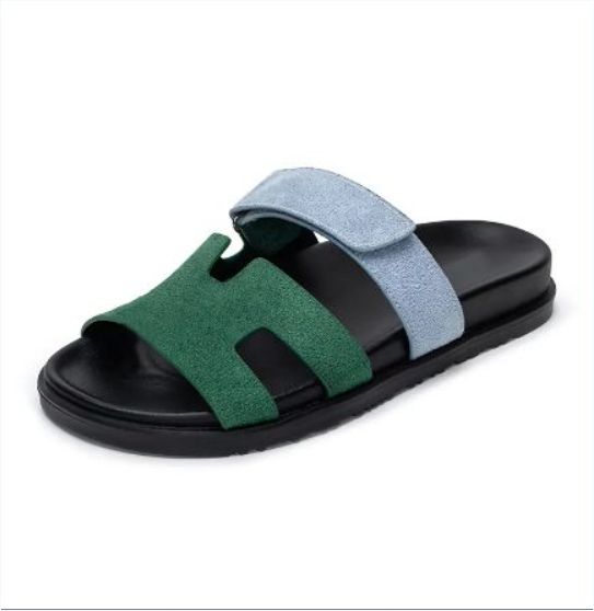 High-Quality Ladies Flats Leather Suede Designer Sandals Women Famous Sandals Luxury Slippers For Women black/green