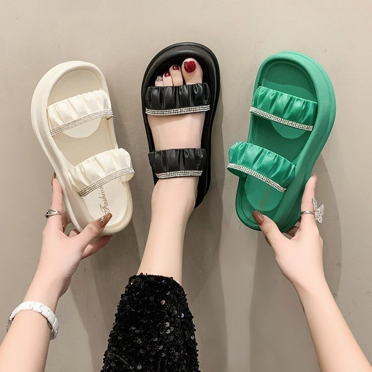 Women Outdoor Height Increasing Shoes Beach Casual Outdoor Slippers with Diamond Decorations