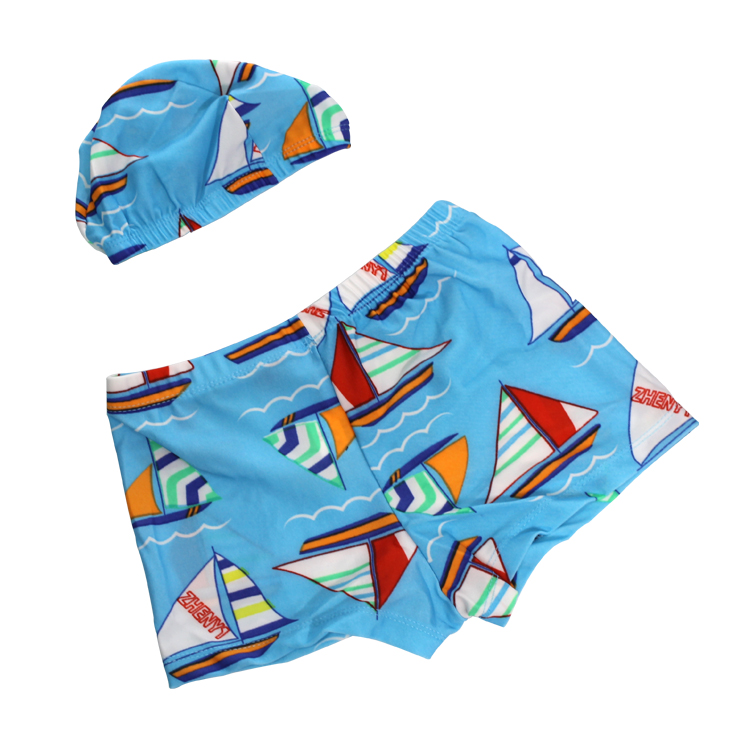 Boy's Cute Cartoon Pattern Swim Jammer Shorts Plus a Swimming Cap Comfortable Polyester Fabric Quick Drying