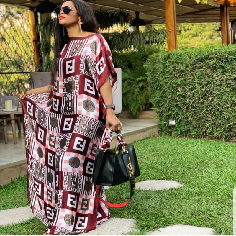 1596A Women Summer Maxi Silk Dress Lady Printing Short Sleeve Casual Loose Long Dresses Nigerian Woman Printed Clothes
