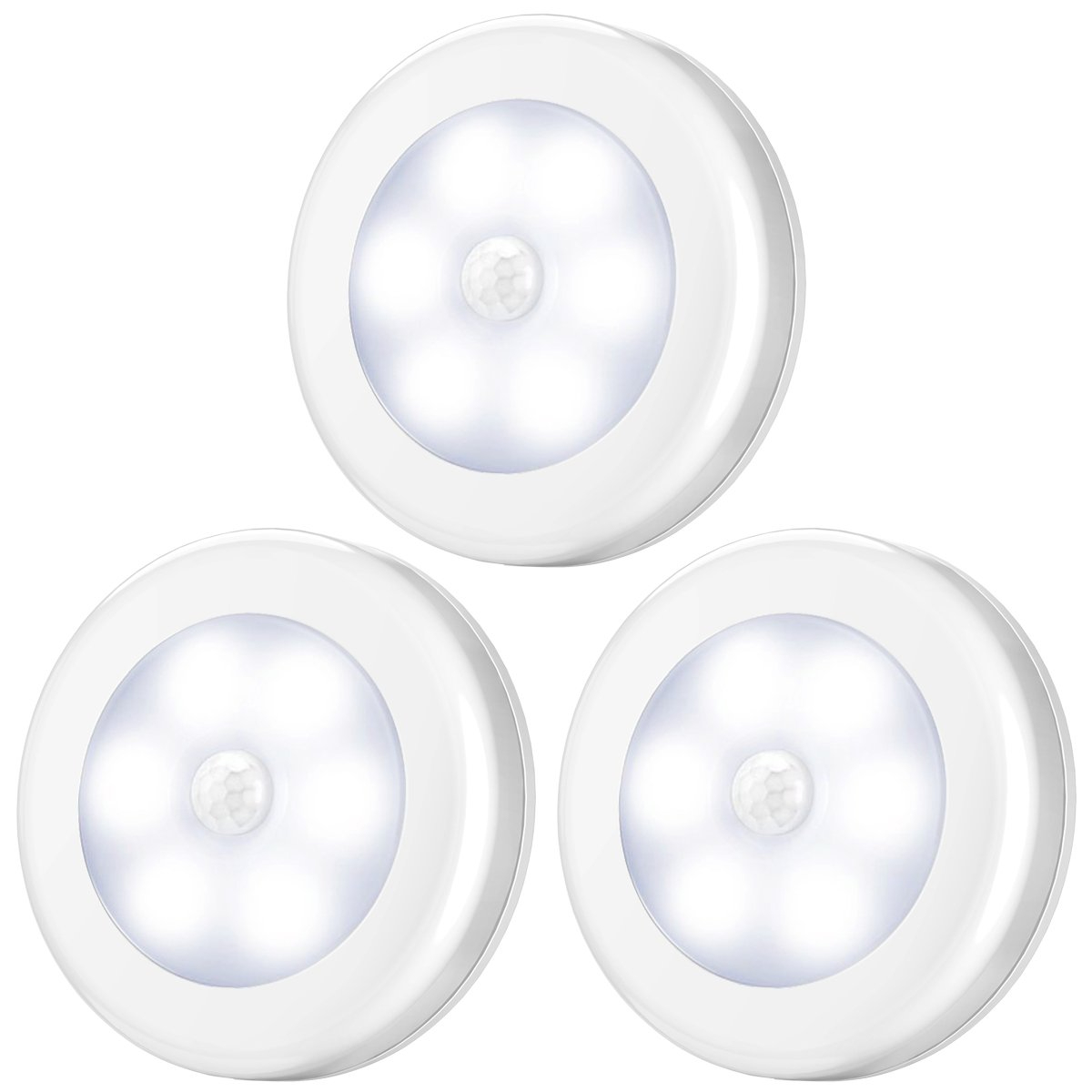 Motion Sensor Lights, Battery-Powered LED Night Lights, Stick-Anywhere Closet Lights Stair Lights, Wall Lights for Hallway, Bathroom, Bedroom, Kitchen etc.(White/White - Pack of 3)