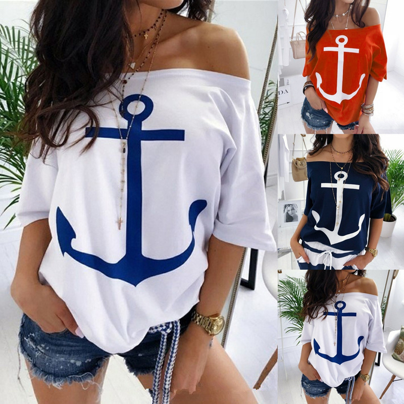 OM8839 Womens Boat Anchor Print T-Shirt Sexy Off Shoulder Bat Sleeve Casual Loose Top