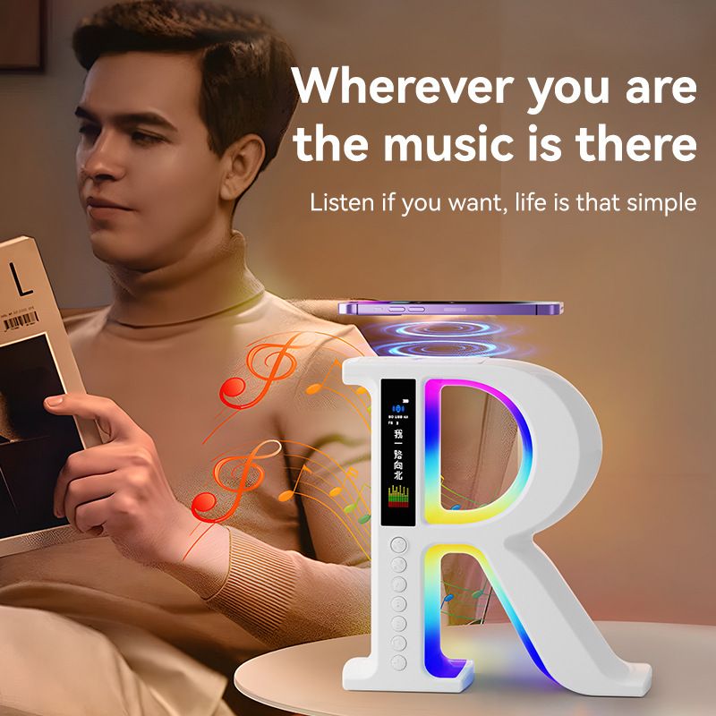 New Creative Big R Shaped Bluetooth Speaker, Wireless Charging Station with Lyrics Display Screen, Multifunctional Portable Radio Speaker with Color Ambient Light for Desktop Bedroom Decor