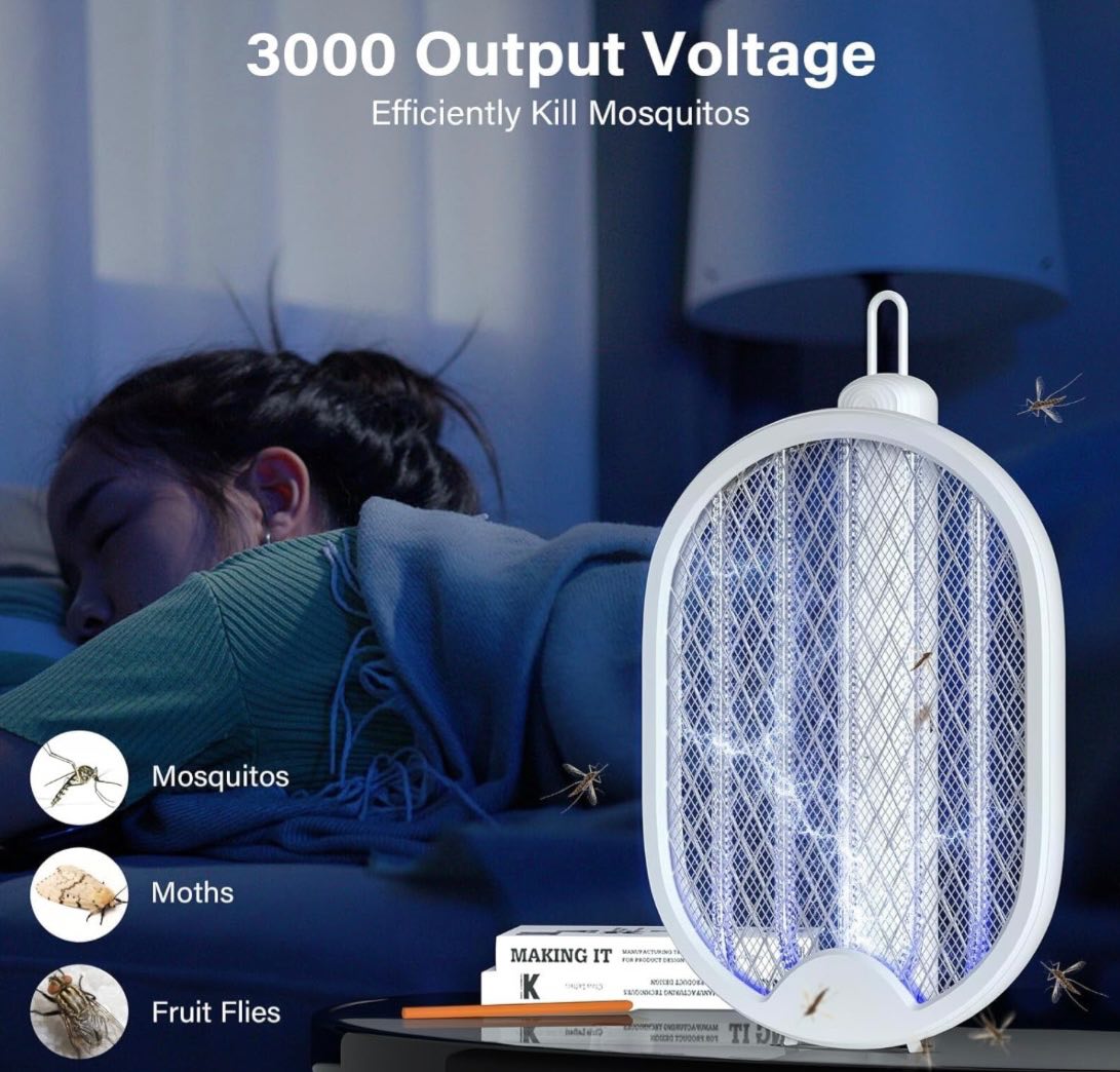 Electric Fly Swatter Mosquito killer Lamp 2 in 1, Foldable, Standing, Wall Mounted, 3000 V with USB, Rechargeable, Suitable for Home, Garden, Camping, Indoor and Outdoor Use