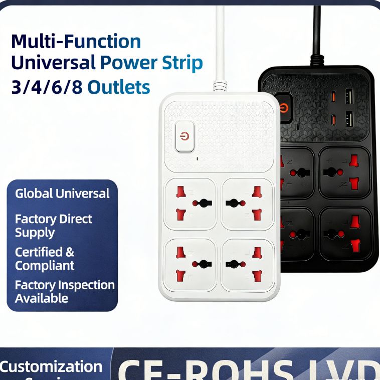 Universal Multi-Function Power Strip with USB Charging Ports, Worldwide Compatible AC Outlets, British Standard Plug, Heavy Duty Extension Cord for Home, Office and Travel Use
