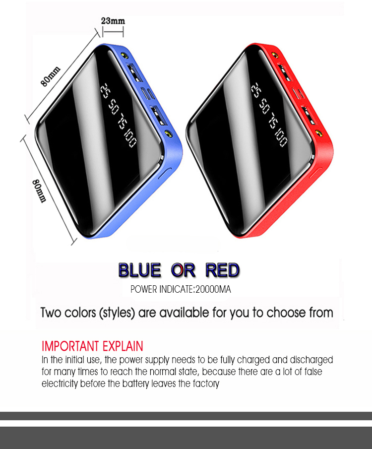Multi Functional Portable Mobile Power Supply, Power Bank, High Speed Charging ( Square, full mirror screen, Flashlight + Dual USB, Integrated compression type high capacity battery pack) (Red / Blue)