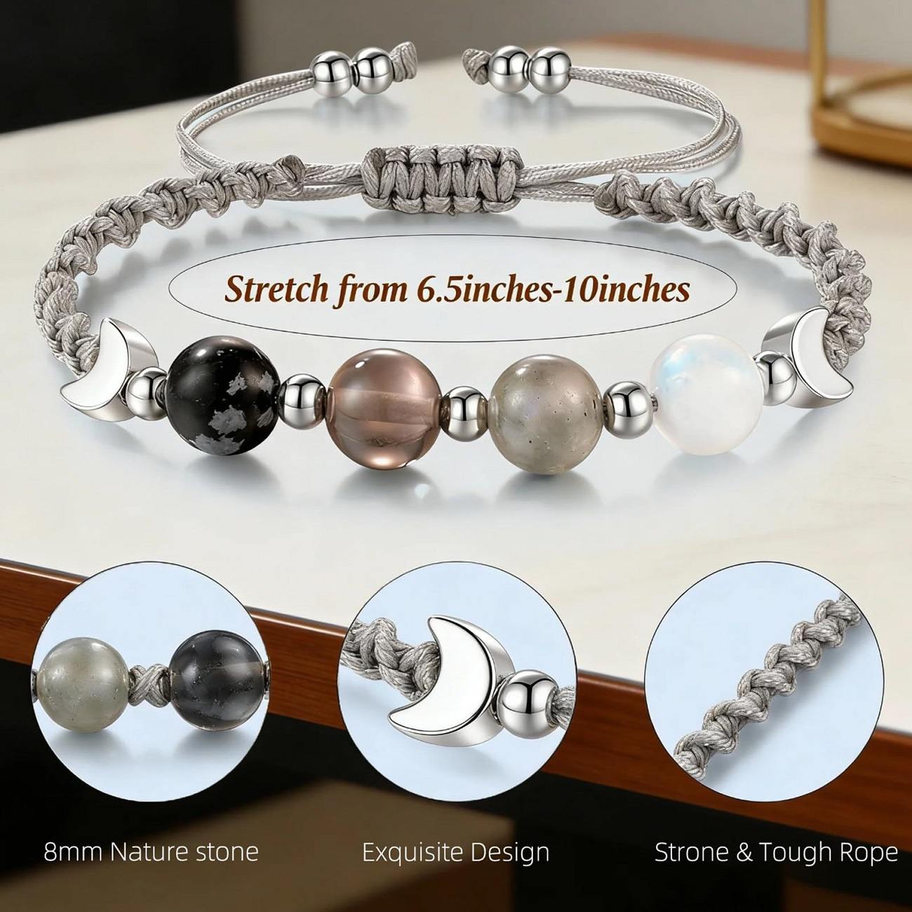 Handwoven Moon Charm Jade Bracelet, Four Guardian Natural Stone Beaded Bangle With Adjustable Sliding Knot, Handcrafted Spiritual Healing Jewelry For Women, Elegant Pregnancy Blessing Wrist Accessory, Durable Rope Strand Ideal For Daily Wear & Thoughtful Business Gifting