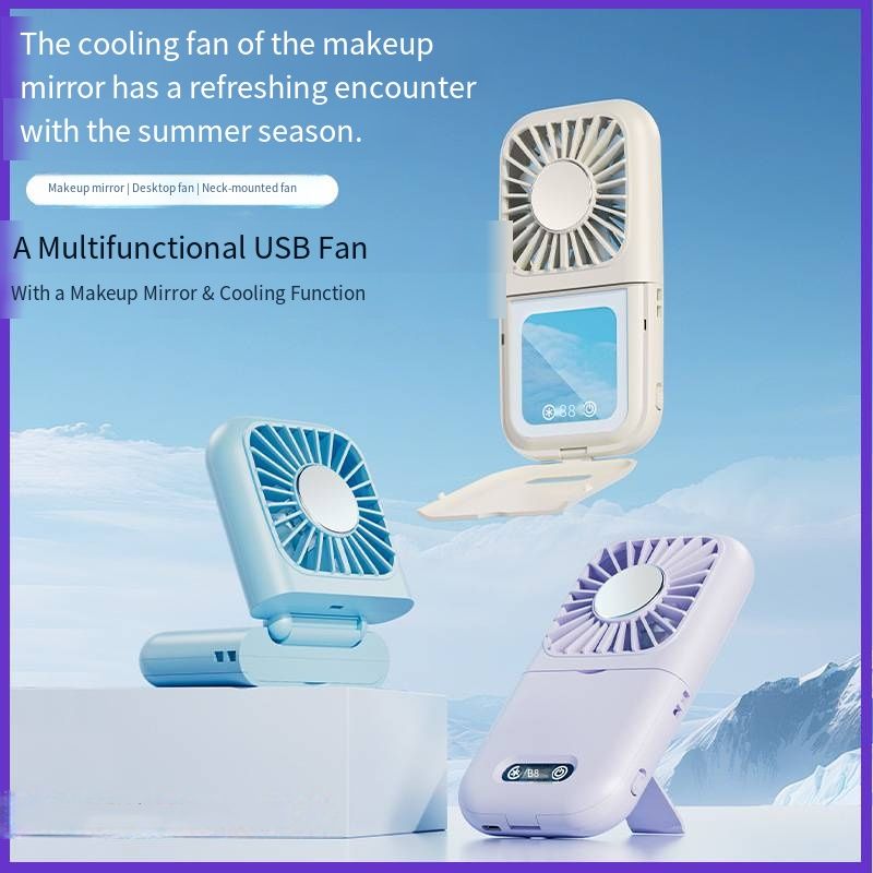 ZK13 Portable Multifunctional Handheld Fan with Ice Cold Compress & Makeup Mirror, Rechargeable USB Mini Fan, 3 in 1 Neck Hanging Desktop Cooling Fan for Outdoor Travel Makeup Daily Use