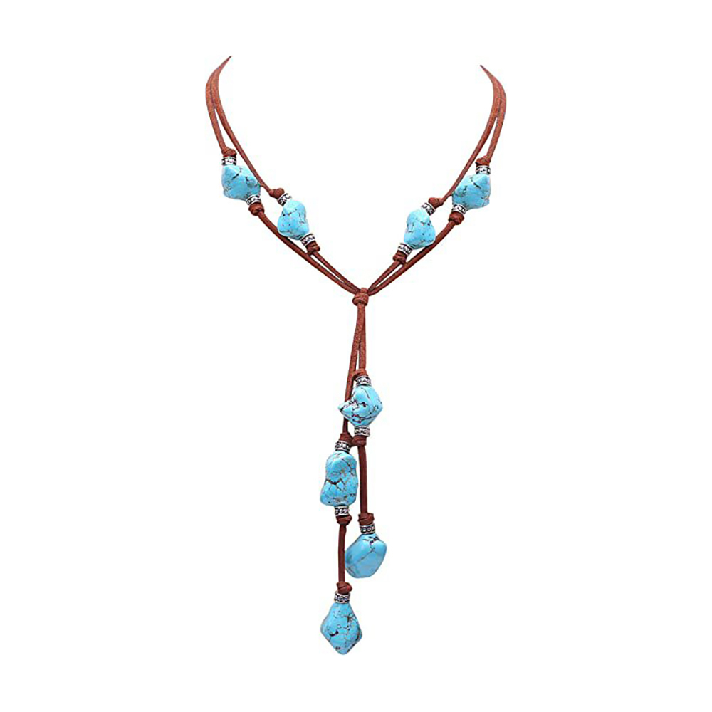 women's bohemian turquoise necklace handmade vintage v-shaped jewelry azure stone multi-layer girls necklace