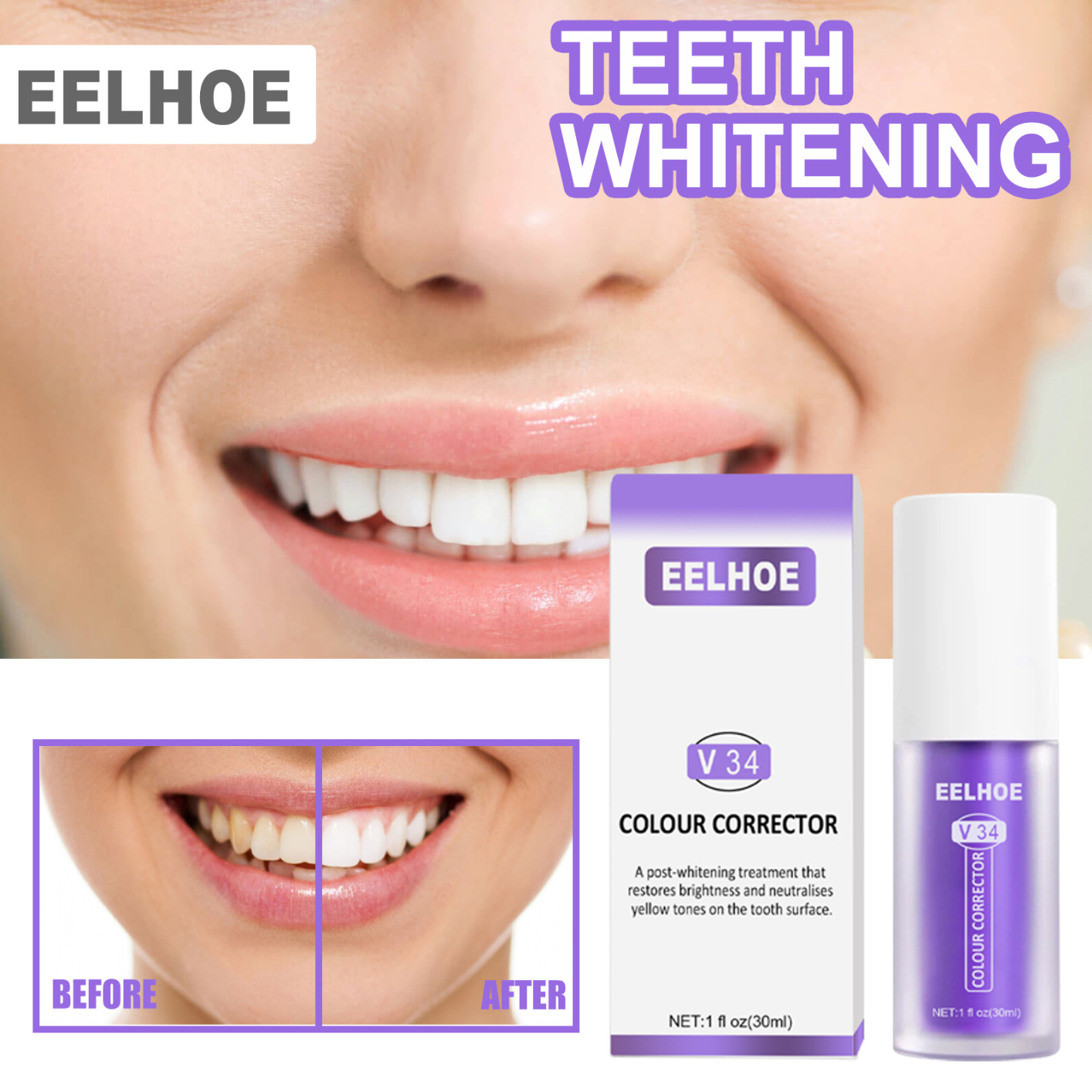V34 Colour Corrector and Nhpro Enamel Care Toothpaste Kit, Purple Toothpaste for Teeth Whitening and Teeth Cleaning