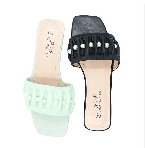 Fashion pleated design Pearl decorative soft bottom casual women's slippers BLACK