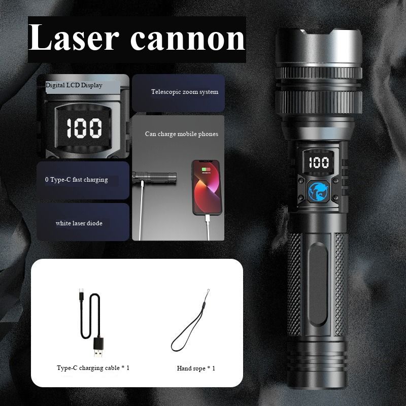  2026 New Flashlight, Aluminum Head White Laser Long-Range, LCD Digital Display, Portable Outdoor Lighting, Home & Work Light, USB Rechargeable