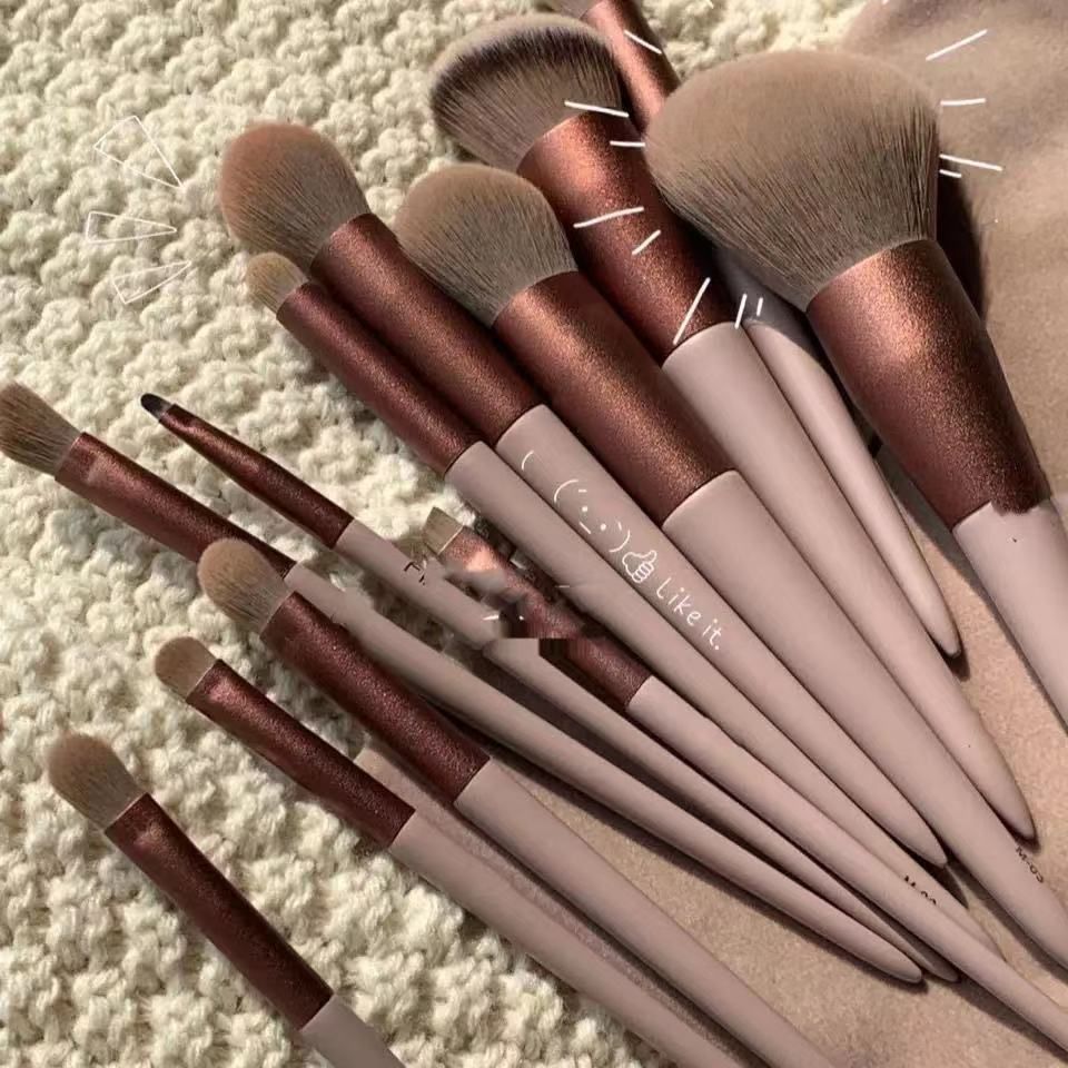 13 Pcs Milk Tea Makeup Brush Set Full Kit Soft Quick Dry Brushes Powder Blush Eyeshadow Brushes Portable Cosmetic Tools for Beginner Daily Makeup
