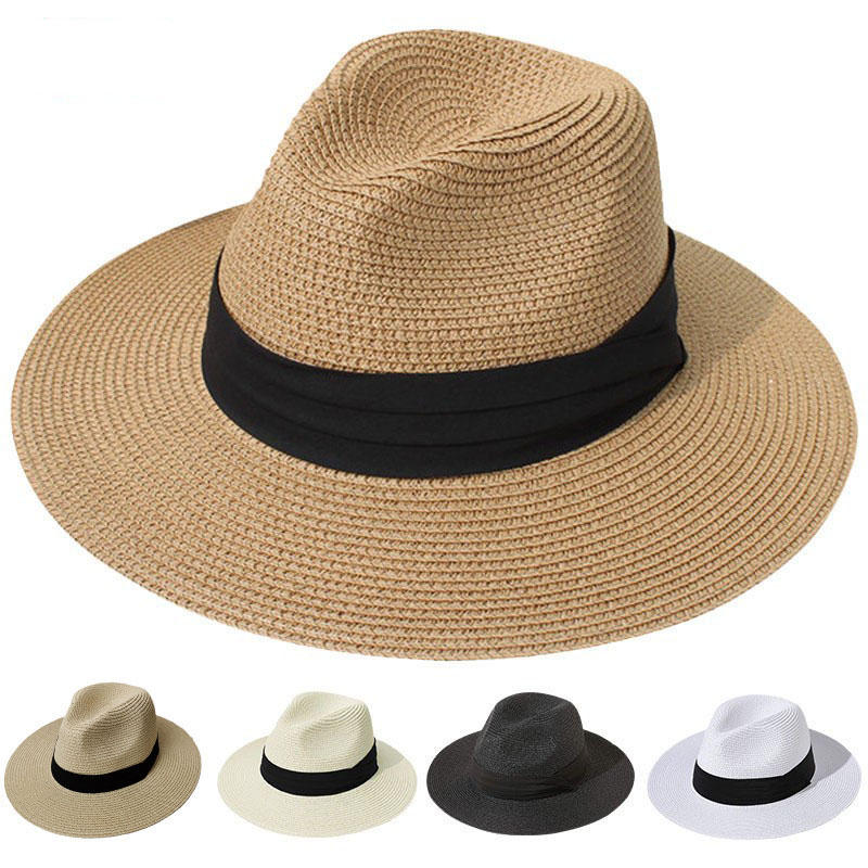 M62 Women Wide Brim Straw Panama Roll up Hat Belt Buckle Fedora Beach Sun Hat UPF50+