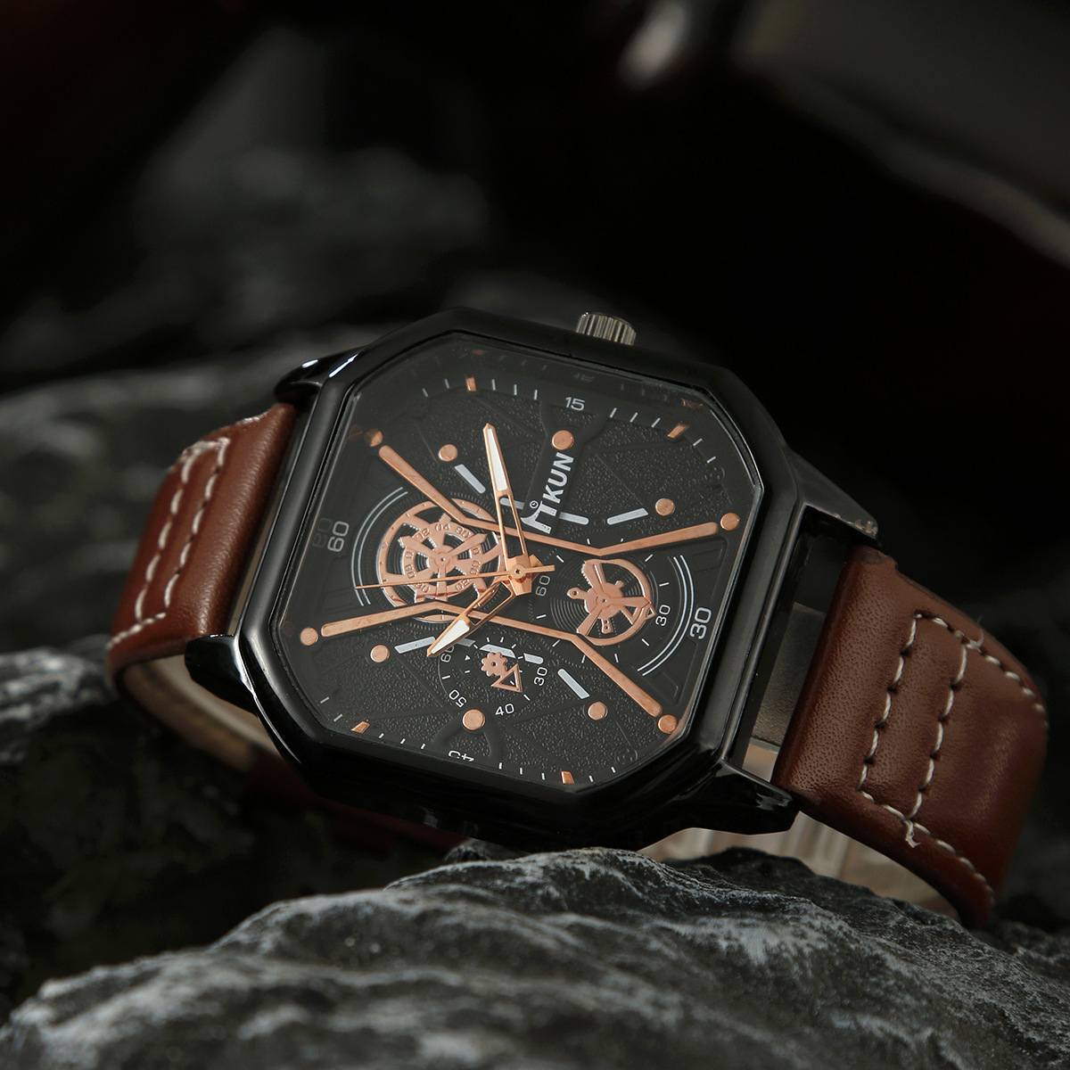 HK044 5 Pcs/Set Brand Watch for Men Jewelry Leather Strap Matte Black Men's Wrist Watches Quartz Japan Movement Bracelet Set