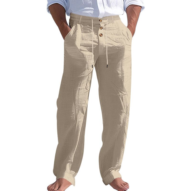 Men's Bottoms Pants Casual American Men's Cotton Linen Pants Button Decoration Drawstring Summer Beach Pants Straight Tube Solid Color Breathable Pants