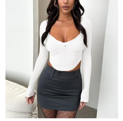 ESVX Women's Autumn and Winter New Sexy V-Neck Long Sleeve Top Knitted Thread Top