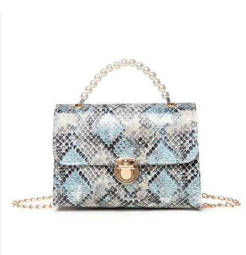 New Women Leather Handbag Fashion Snakeskin Pattern Small Square Bag Pearl Handheld Shoulder Messenger Bag 