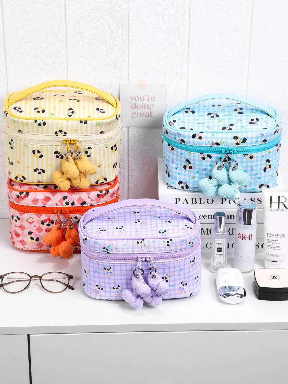Cute Puppy Print PU Cosmetic Bag Portable Travel Makeup Organizer with Pom Pom Charm Large Capacity Toiletry Pouch for Women
