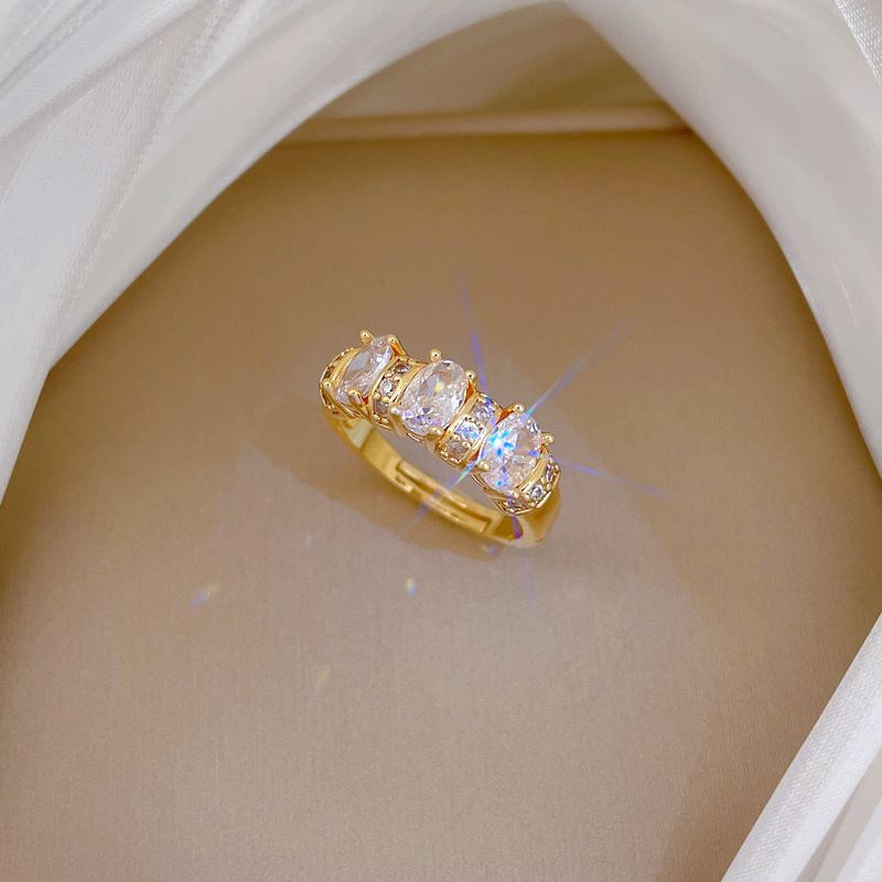 Light Luxury Full Paved Oval Cubic Zirconia Open Adjustable Ring Real Gold Electroplated Wide Finger Band Sparkly Continuous Crystal Statement Hand Jewelry Minimalist Matching Couple Promise Ring Gift For Women Daily Dating Banquet Party Fashion Accessory
