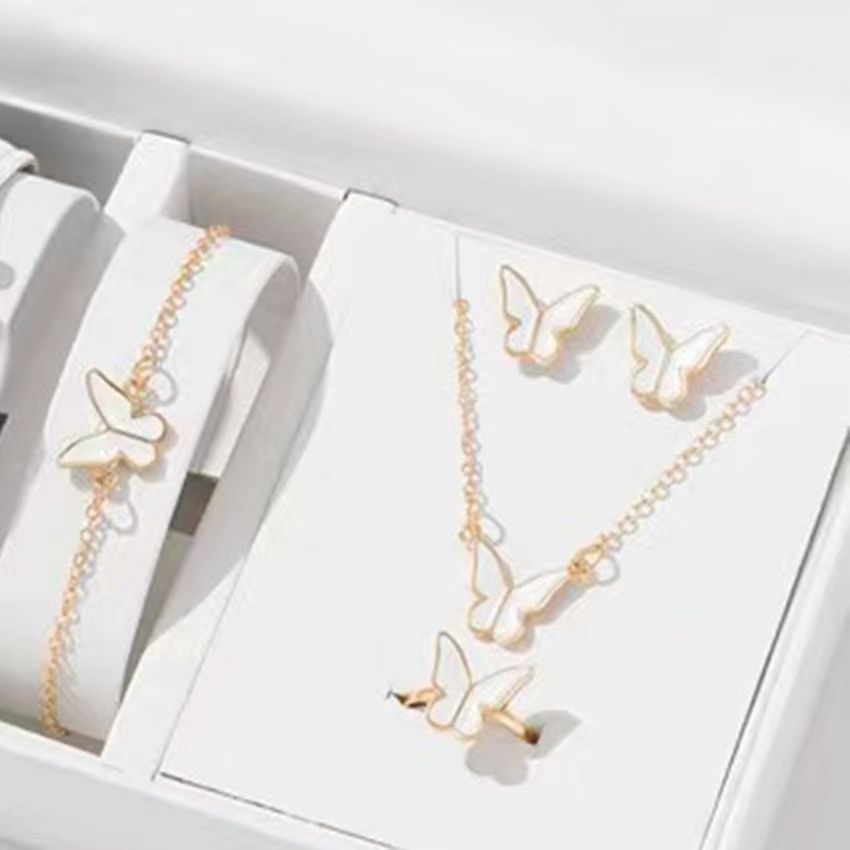 6pcs Luxury Watch Women Ring Necklace Earrings Bracelet Set Watches Butterfly Leather Strap Ladies Quartz WristWatch No Box5Pcs White Jewelry Set