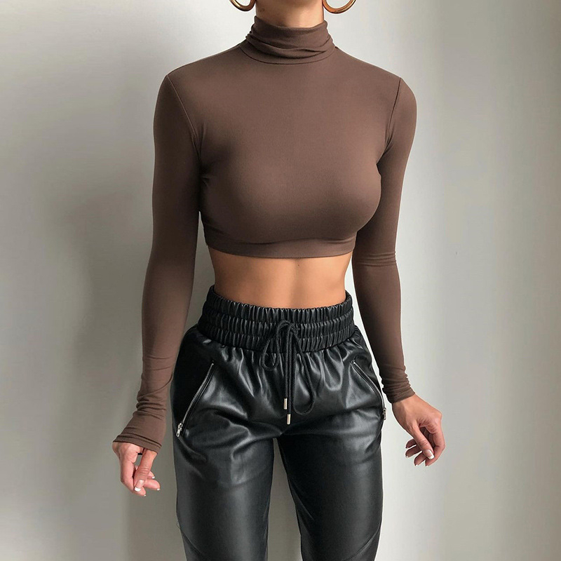K20L10156 Women's Mock-Neck Casual Slim Fitted Basic Long Sleeve Solid Cropped Crop Tee Top