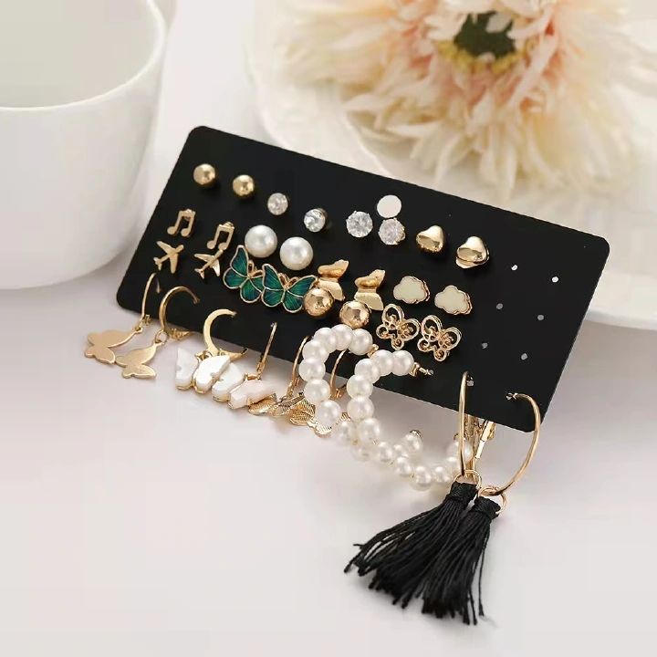 17 Pairs Fashion Stunning Earrings For Beautiful Girls Women's Fashion Accessories Jewellery Earrings Creative  Combination Note Pearl Breathtaking Earrings Sets