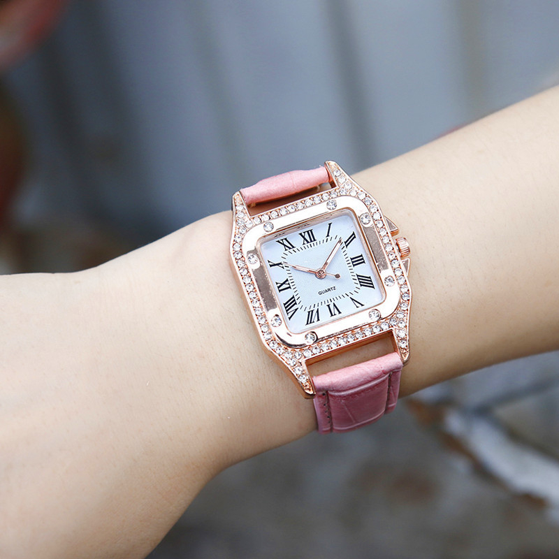 women's square diamond watch set leather waterproof strap quartz watch and jewelry bracelet girls set