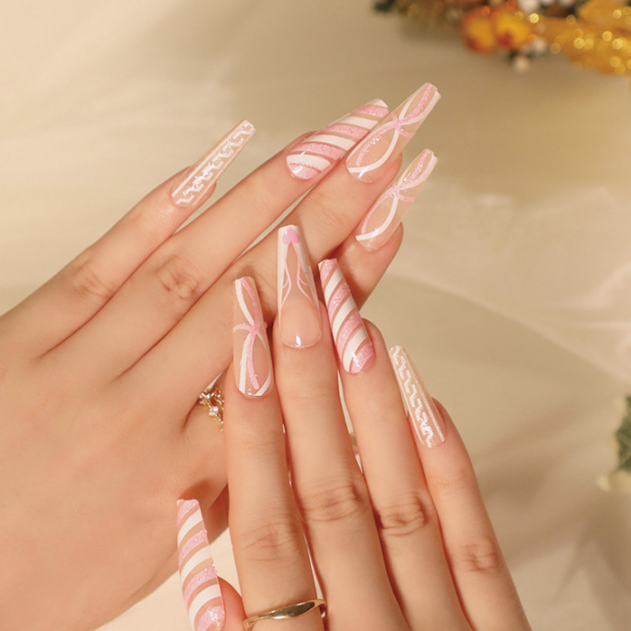 JP1909 24 Pcs Glossy Press on Nails, Super Long Coffin Christmas Pink White Glitter Geometric Lines Prints Fake Nails, Full Cover Artificial False Nails for Women and Girls

