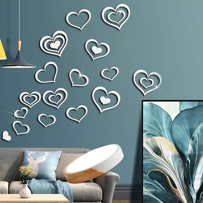 JM628 Hollow Heart Sets Acrylic Mirror Paste 3D Self-Adhesive DIY Background Wall Decoration Mirror Wall Sticke