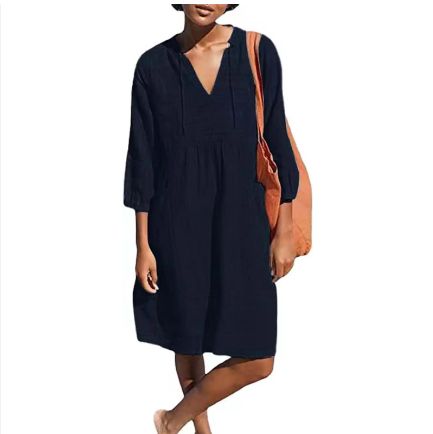 2024 Summer Spring New Fashion Women Casual Temperament Commuting Pure Color Long Sleeved V-neck Loose Dress