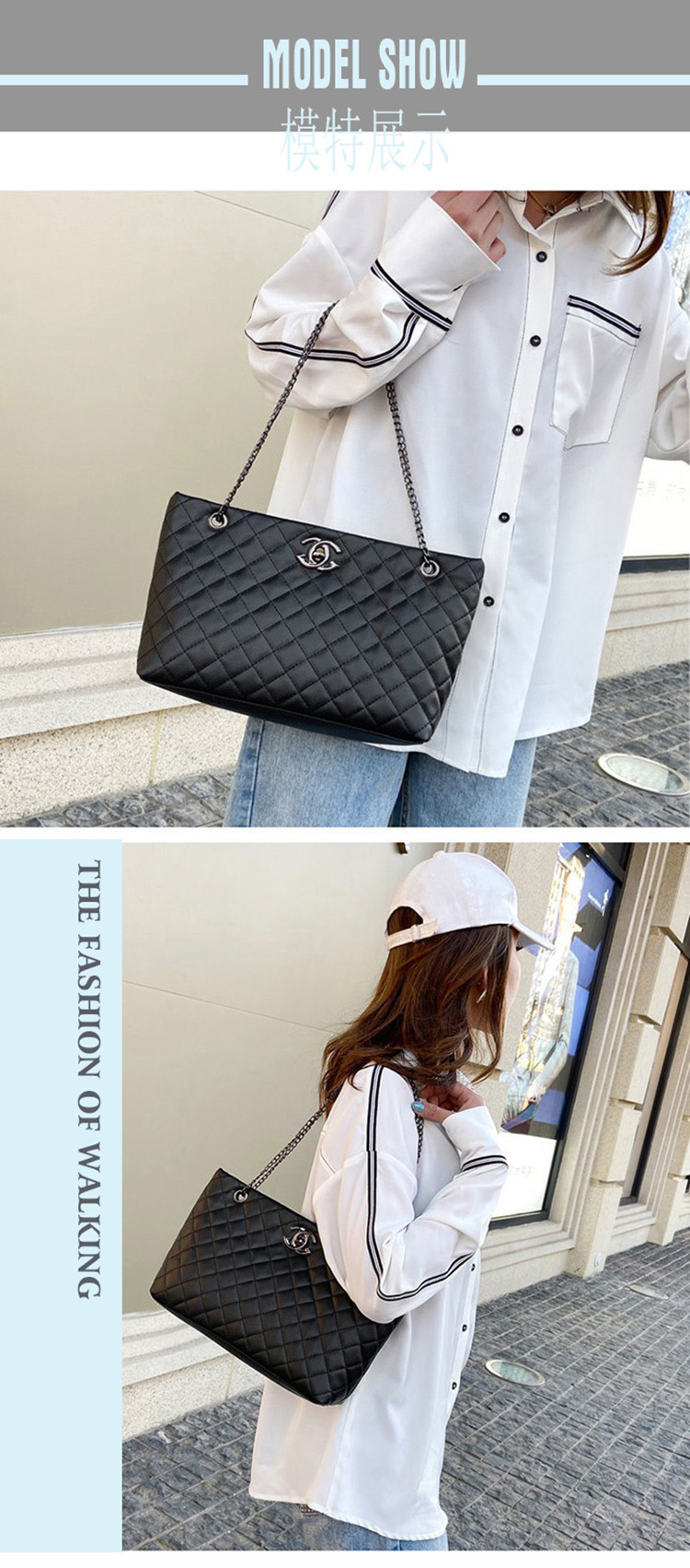 CHG-Ladies bags Tote bags Metal chain women's bags Lady single shoulder bags &amp; Zipper handbag (large zipper bag) (Black / Silver)