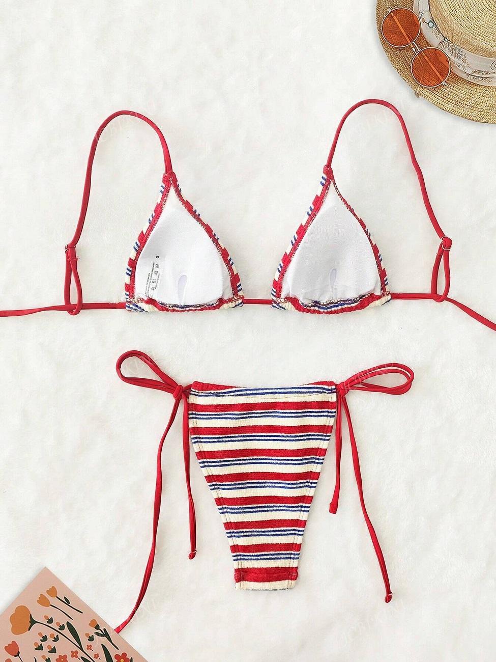 Women Striped Triangle Bikini Set Tie Side Low Waist Swimsuit Adjustable Halter String Bathing Suit Two Piece Swimwear Soft Stretchy Beach Outfit Summer Vacation Pool Party Swim Suit S-XL Available 3 Colors Casual Sexy Beachwear For Ladies
