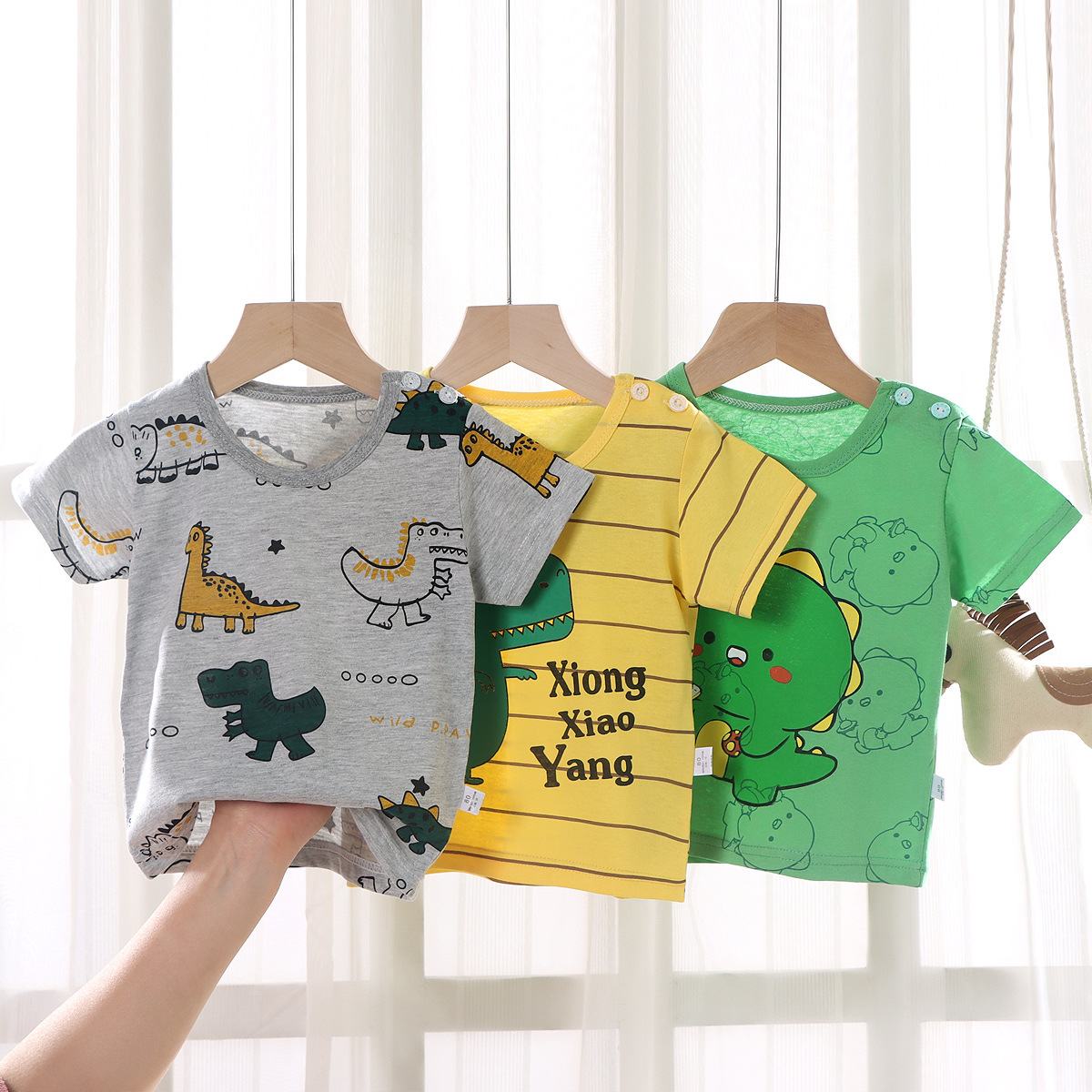 Baby Summer T-Shirt, Cute Cartoon Dinosaur Print Short Sleeve Tee, Breathable Cotton Casual Tops for Toddler Kids, Sizes 73-130cm, Single Pack, Soft Daily Shirts for Boys 
