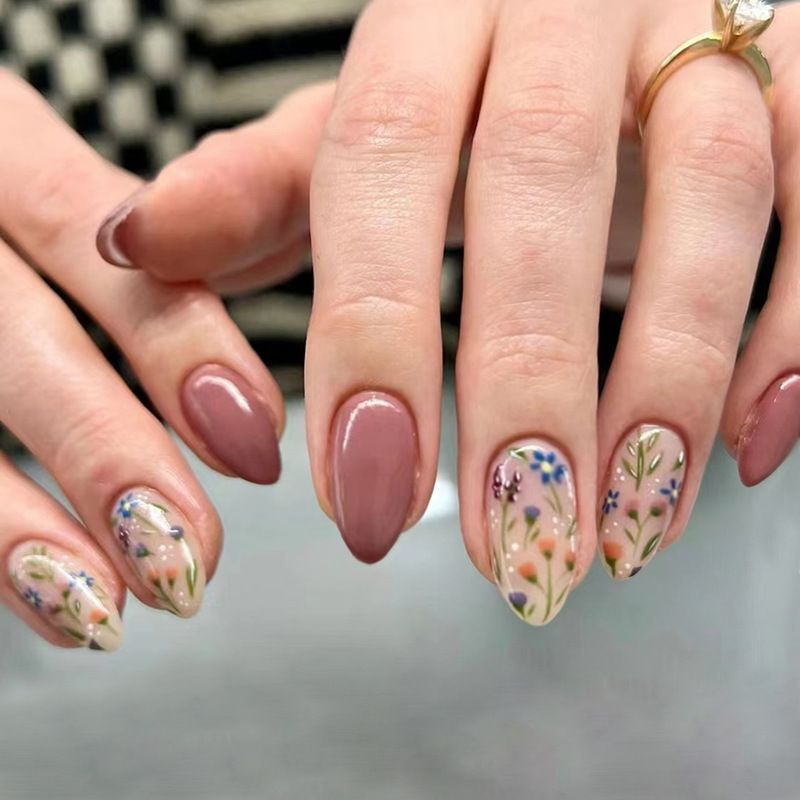 W1584 Glossy Press on Nails, Medium Stiletto Fresh Flowers Prints Nude Color Sweet Style Fake Nails, Full Cover Artificial False Nails for Women and Girls
