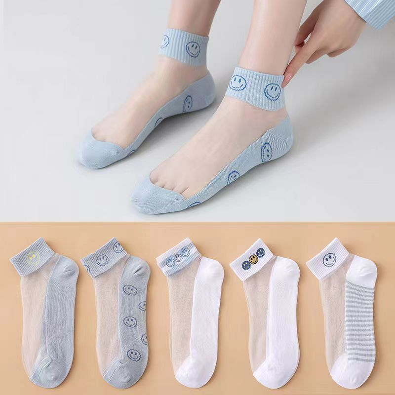 Women's Summer Thin Transparent Blue Smiling Face Socks Breathable Low Cut Socks 10 Pairs