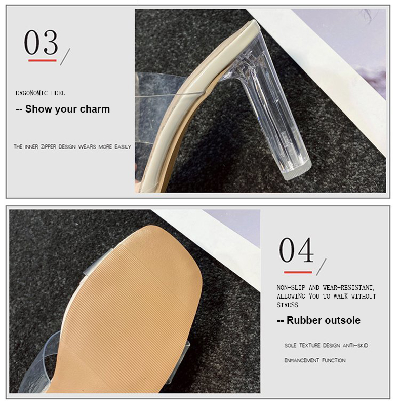 600 Women Summer 2021 Girl Sexy Clear  Round Heel Open Toe High Heel Slippers Shoes