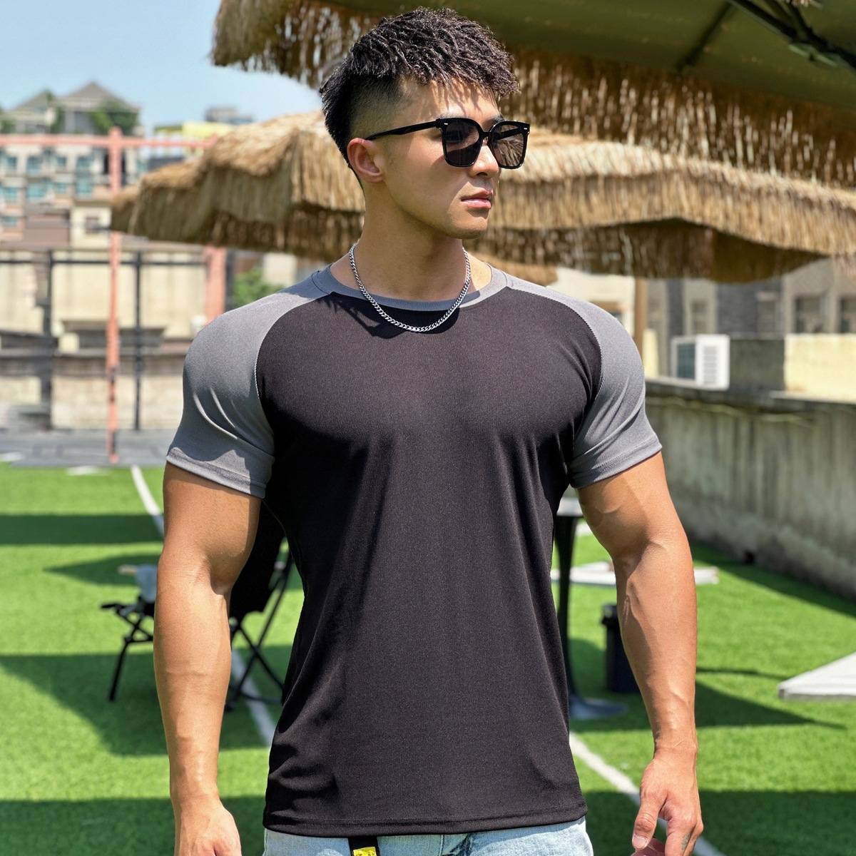 TX17 Men's Semi Tight Fitness Short Sleeved Patchwork Elastic Sports T-Shirt