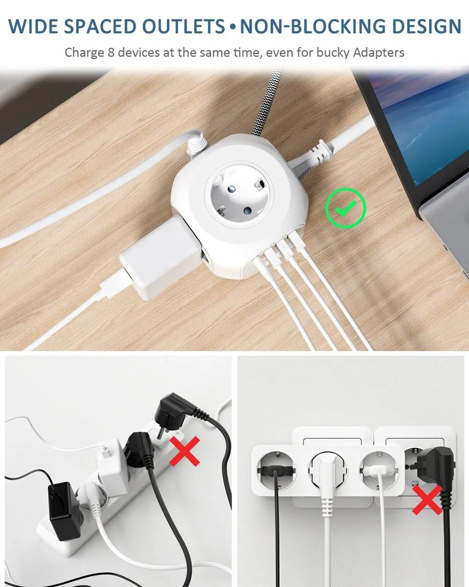 EU Plug Power Strip with 4 AC Outlets 3 USB Port 1 Type C 2M/3M Braided Cable Multi Socket with Switch for Home