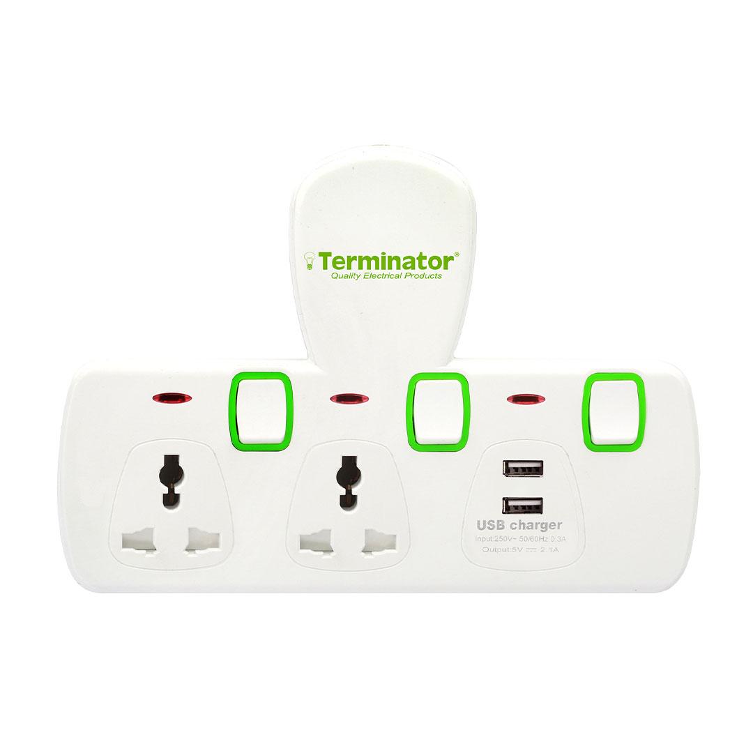  2 Way Universal T Socket With 2USB, 2.1Ah Individual Switch and Indicator
