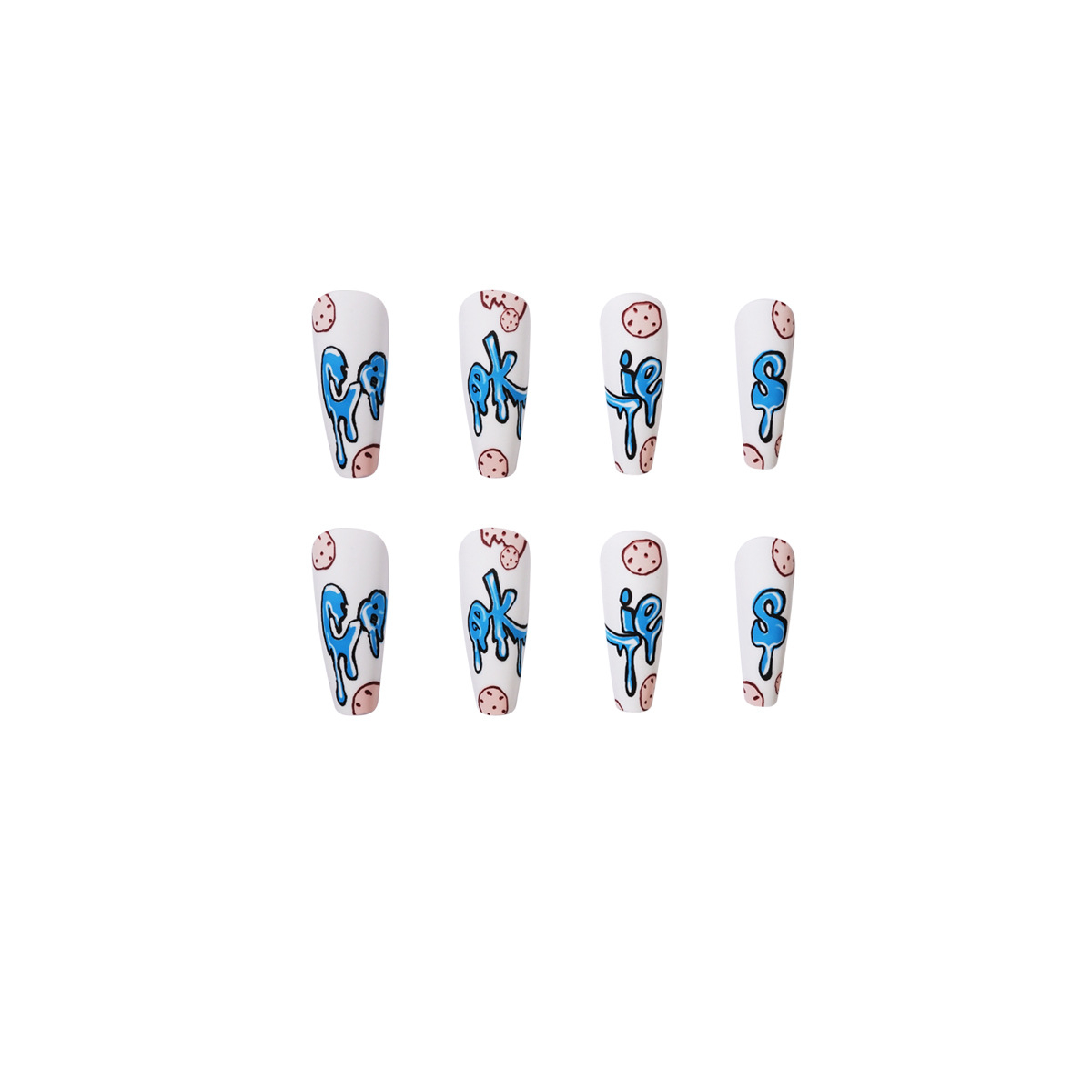 JP1169 Extra Long Coffin Press on Nails, 24Pcs Glossy Ballerina Acrylic Nails, Cookies Graphic False Nails with Design Full Cover Fake Nails for Women & Girls
