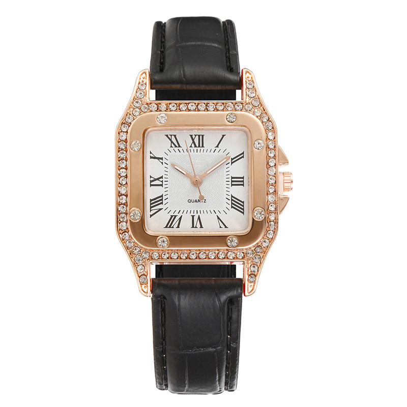 women's square diamond watch set leather waterproof strap quartz watch and jewelry bracelet girls set