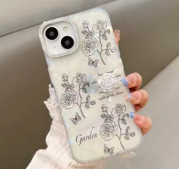 3D Line butterfly Rose Garden Phone Case for iPhone 15 Pro Max 14 13 12 11 Plating mirror frame Shockproof Cover